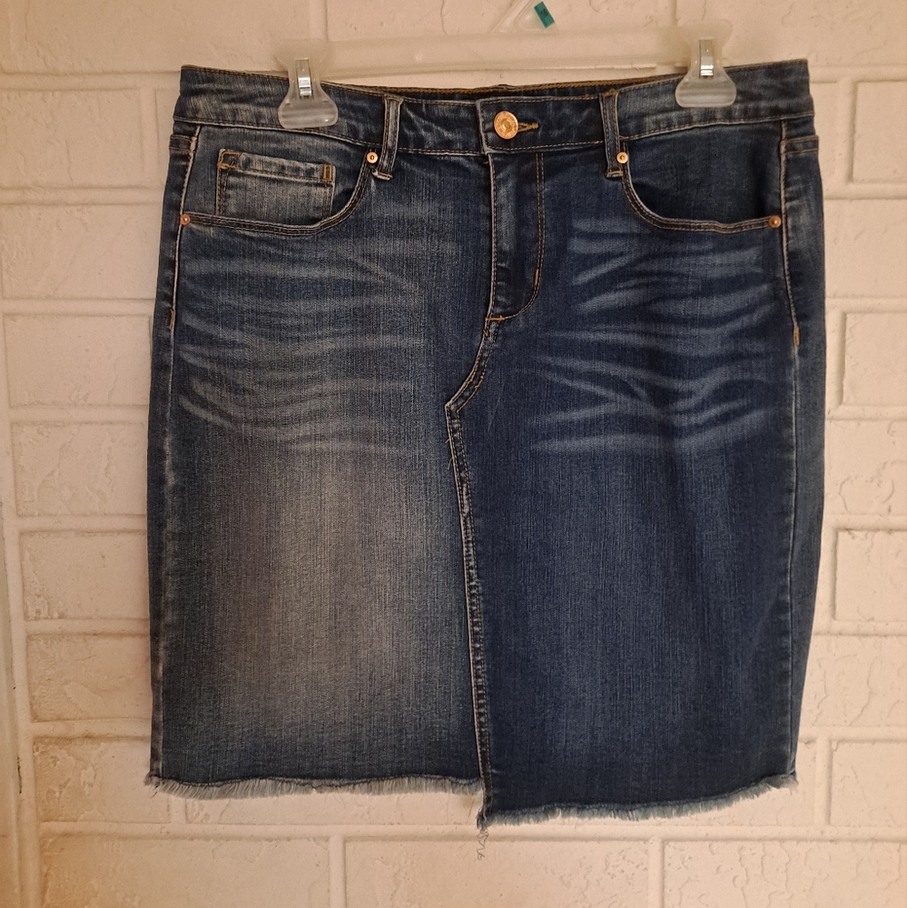 Vintage America Blues asymmetrical distressed blue denim skirt